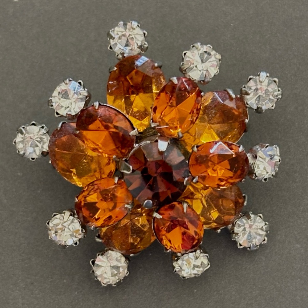 Vintage Rhinestone Brooch Topaz Amber Clear Color Rhinestones Estate Jewelry
